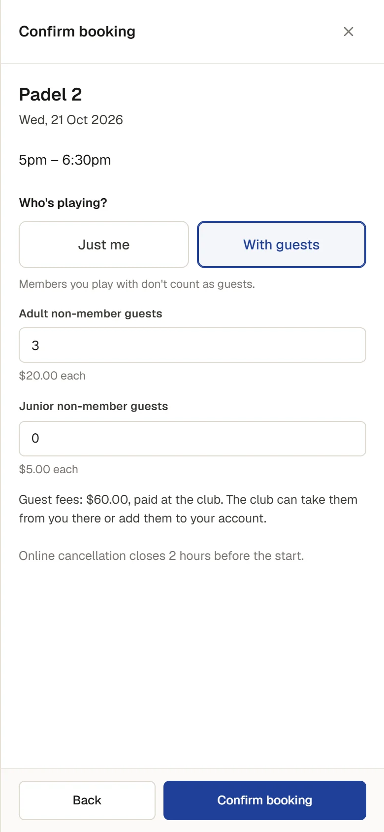 Confirm booking on a member's phone: Padel 2, Wednesday 21 October, 5pm to 6:30pm, With guests, 3 adult non-member guests at $20.00 each, and Guest fees: $60.00, paid at the club