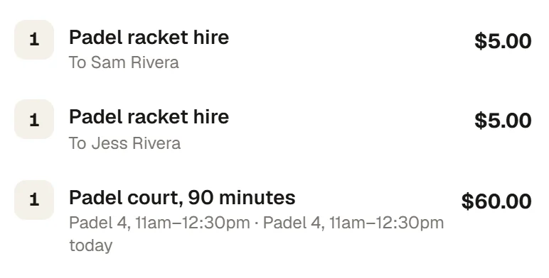 The sale: Padel racket hire to Sam Rivera, $5.00, Padel racket hire to Jess Rivera, $5.00, and Padel court, 90 minutes, Padel 4 from 11am to 12:30pm today, $60.00