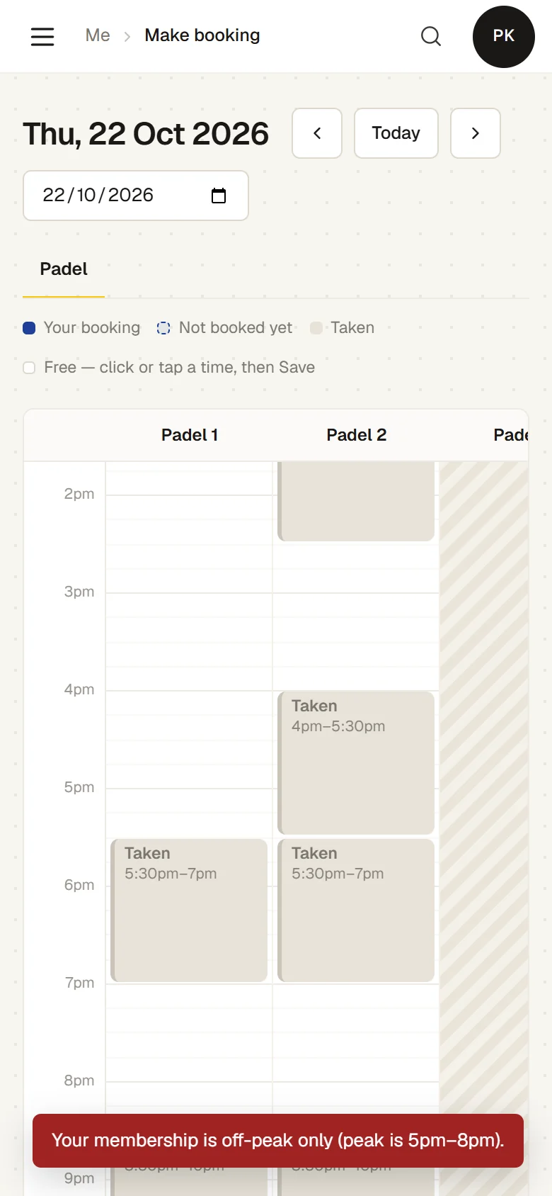 Make booking on the phone of a member on Padel off-peak: only the Padel tab, and a tap at 5pm answered in red: Your membership is off-peak only (peak is 5pm–8pm)