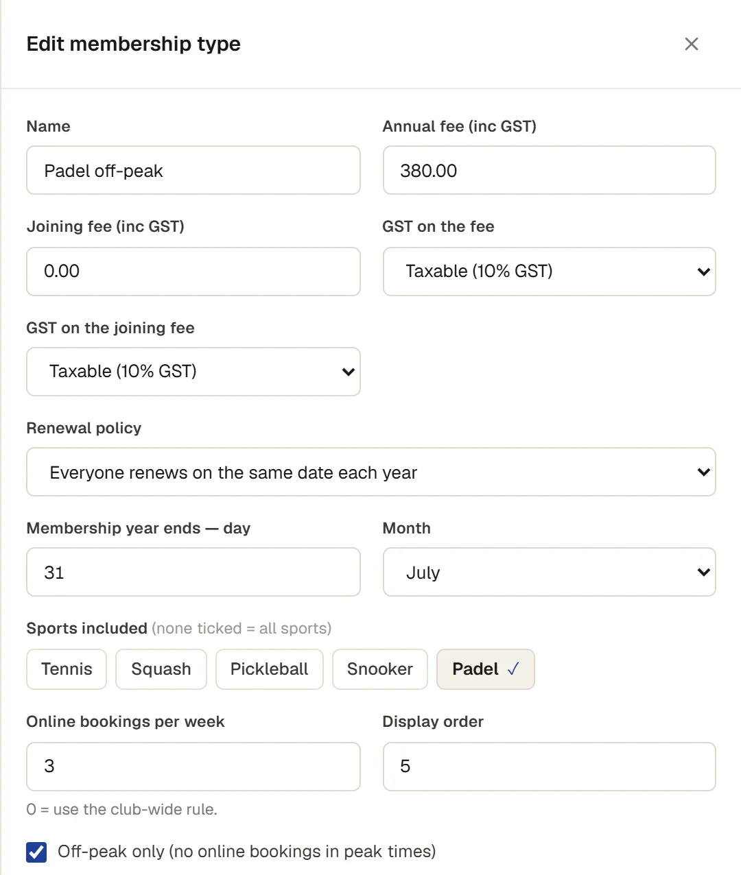 Edit membership type: Padel off-peak, $380.00 a year, sports included Padel only, 3 online bookings a week, and Off-peak only (no online bookings in peak times) ticked