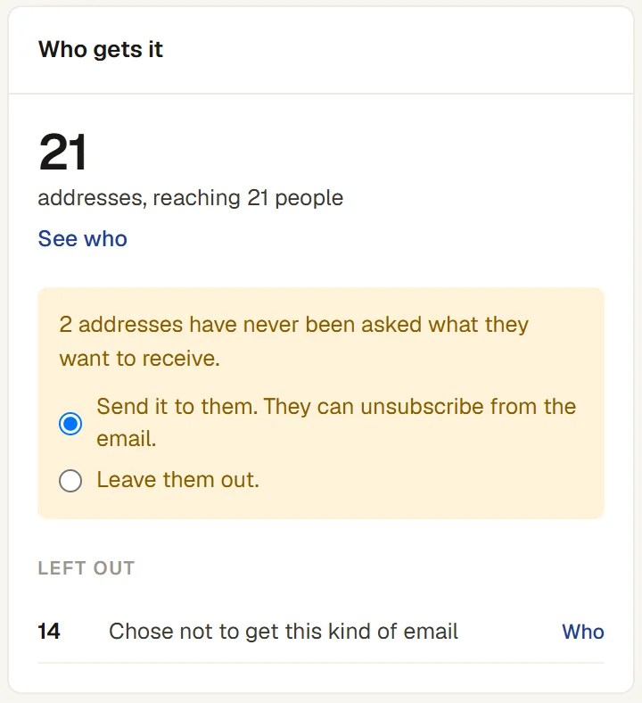 Who gets a message to members tagged Pickleball beginner: 21 addresses reaching 21 people, and 14 left out because they chose not to get this kind of email