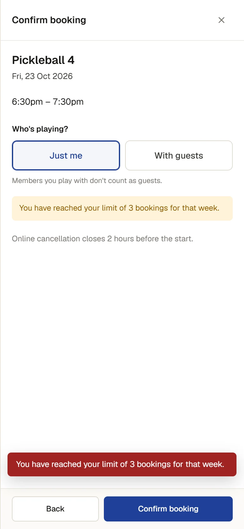 A member on the Pickleball membership booking Pickleball 4 for Friday 23 October, 6:30pm, on their phone, and refused: You have reached your limit of 3 bookings for that week