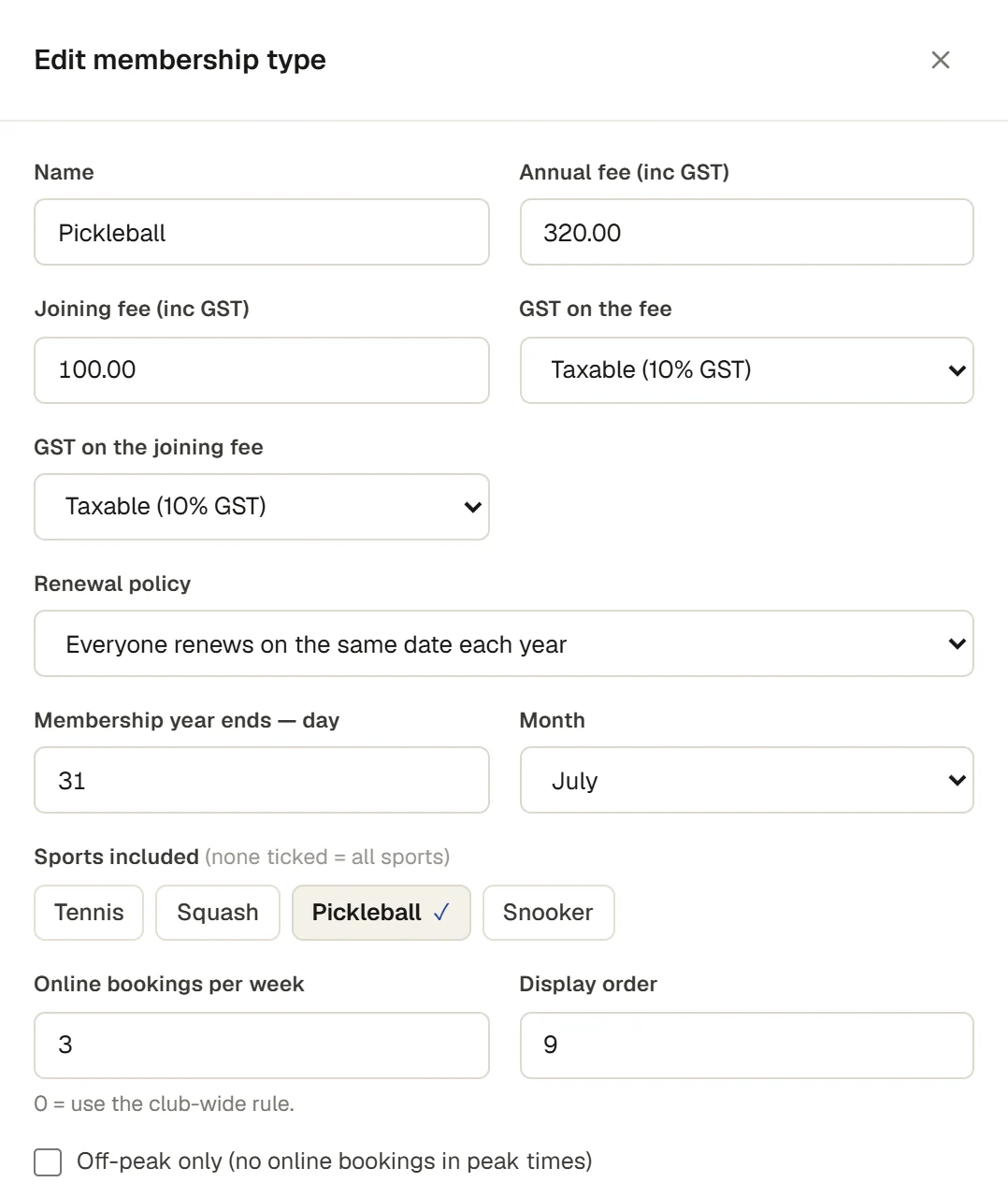 Editing the Pickleball membership type: $320.00 a year with a $100.00 joining fee, Sports included set to Pickleball only, and three online bookings a week
