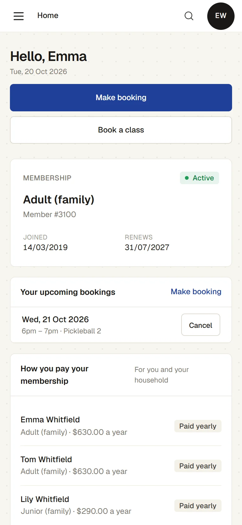 A member’s portal on a phone: an Adult (family) membership, Active, renewing 31 July 2027, and a pickleball court booked for Wednesday 21 October, 6pm to 7pm, on Pickleball 2