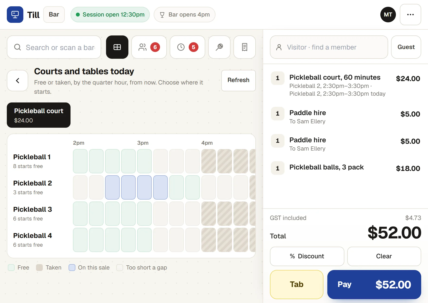 The bar till selling a walk-in: Pickleball 2 from 2:30pm to 3:30pm chosen on the courts grid, two paddles hired to Sam Ellery and a pack of pickleball balls, $52.00 to pay