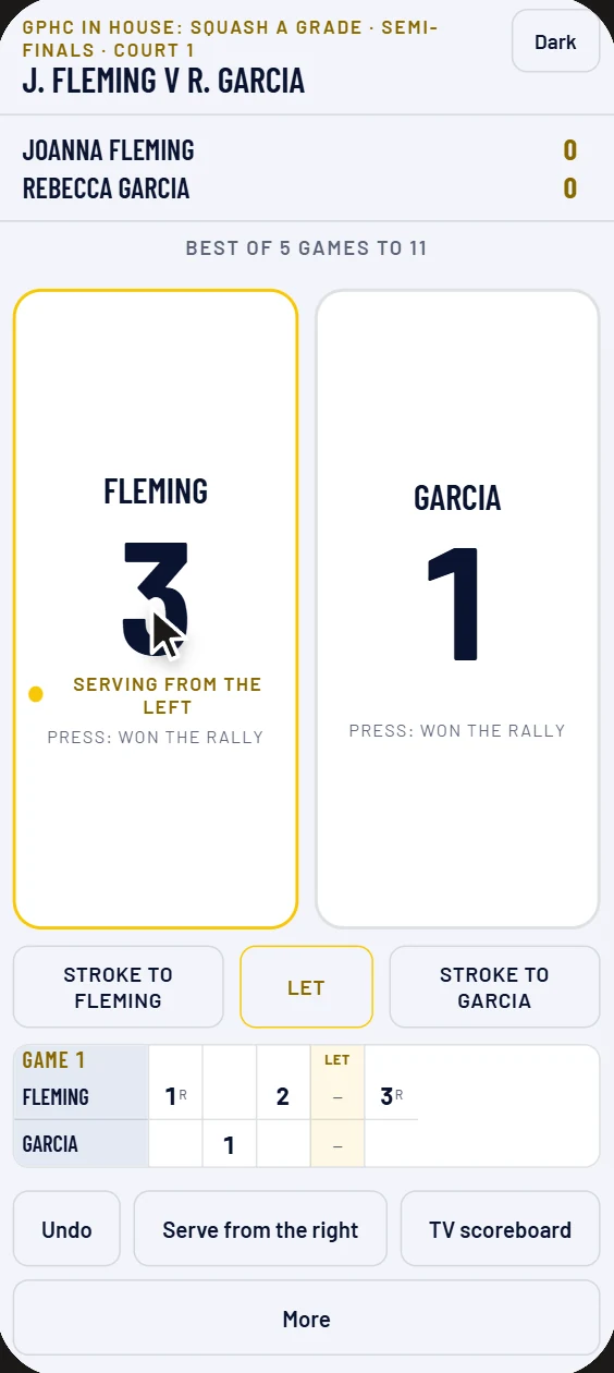 The marker’s phone: Fleming 3, Garcia 1 in the first game, with Stroke to Fleming, Let and Stroke to Garcia