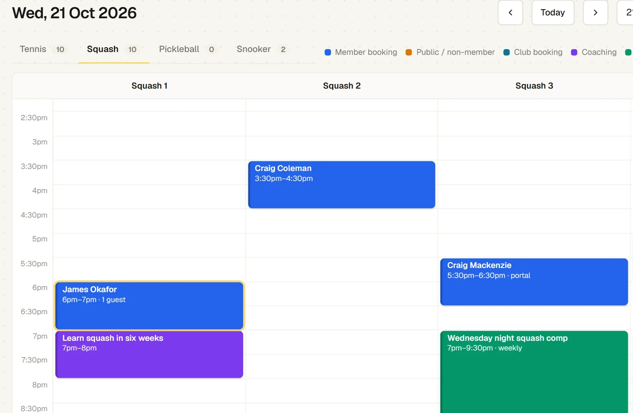 The office’s squash calendar for Wednesday 21 October: James Okafor with a guest, Learn squash in six weeks, and the Wednesday night squash comp, every week