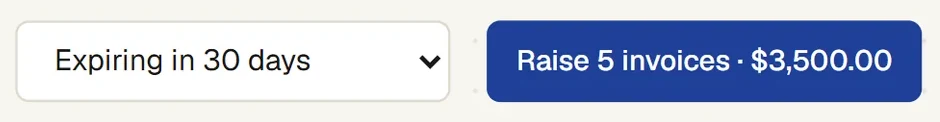 Expiring in 30 days, and the button Raise 5 invoices, $3,500.00
