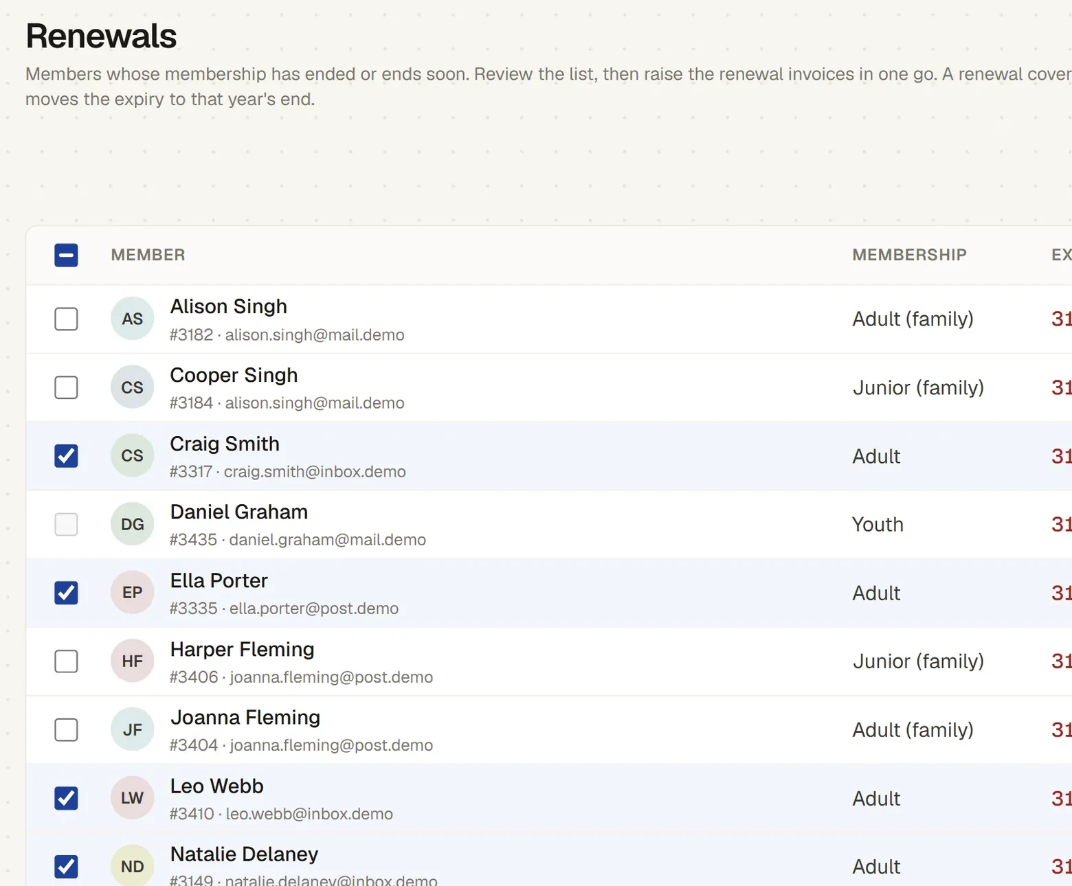 The Renewals page: members whose membership ends in the next 30 days, five of them ticked