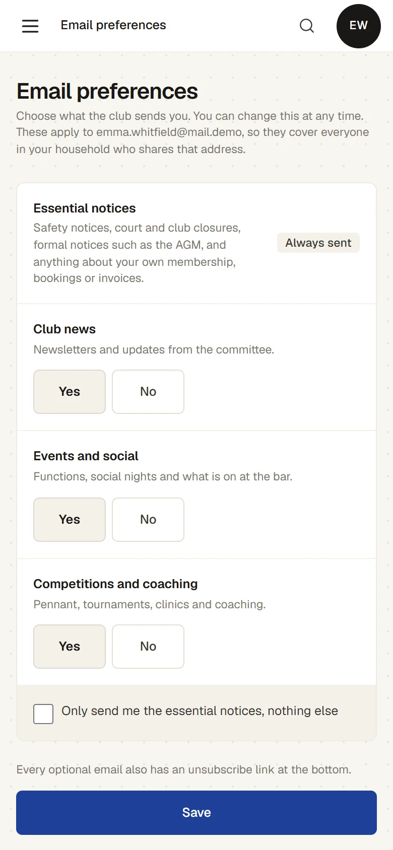 Email preferences on a phone: essential notices always sent, and Yes or No for club news, events and social, and competitions and coaching