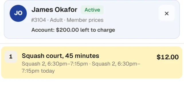 The bar till: a squash court, 45 minutes, on squash 2 from 6:30pm to 7:15pm, $12.00, on James Okafor’s sale