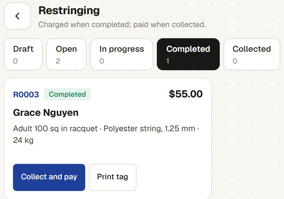 Restringing at the till: Grace Nguyen’s racquet, polyester string at 24 kg, completed, $55.00, with Collect and pay
