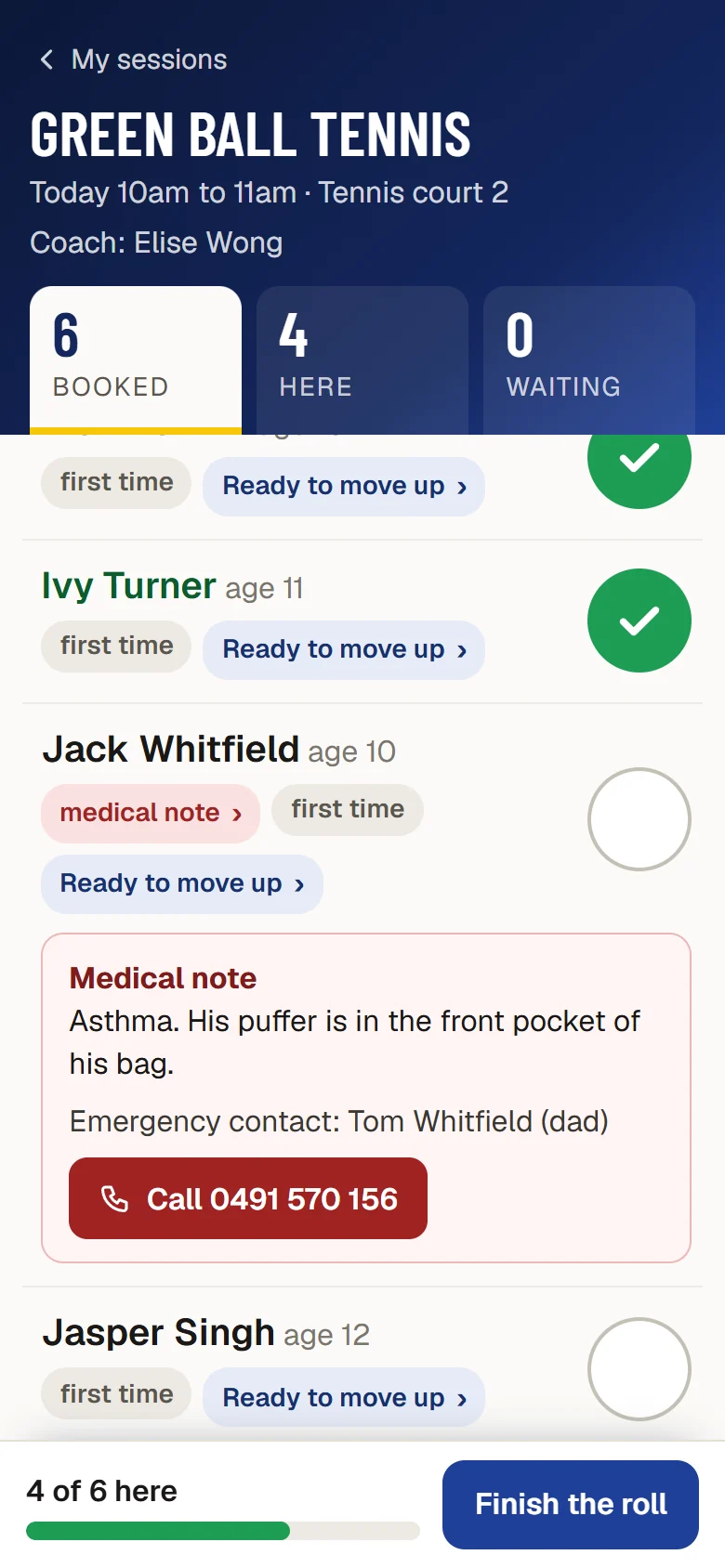 The coach’s roll for Green ball tennis on a phone: 4 of 6 here, and Jack Whitfield’s medical note open (asthma, his puffer in his bag) with a button to call his emergency contact