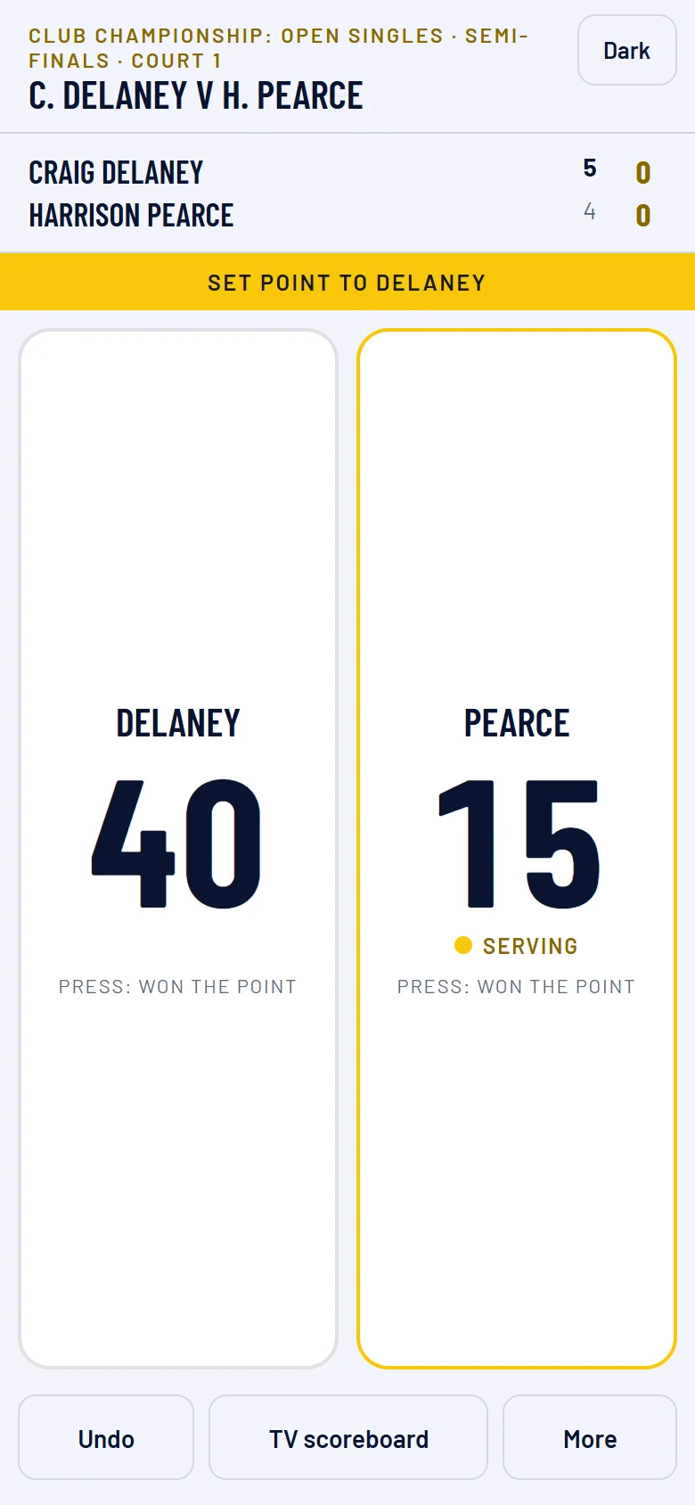 Scoring a tennis semi-final on a phone: Delaney 40, Pearce 15 and serving, Delaney leading 5 games to 4, and Set point to Delaney