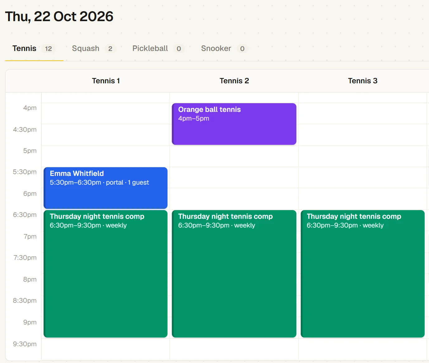 The office’s tennis calendar for Thursday 22 October: Emma Whitfield on Tennis 1 at 5:30pm with a guest, Orange ball tennis on Tennis 2, and the Thursday night tennis comp on courts 1 to 3 from 6:30pm, every week