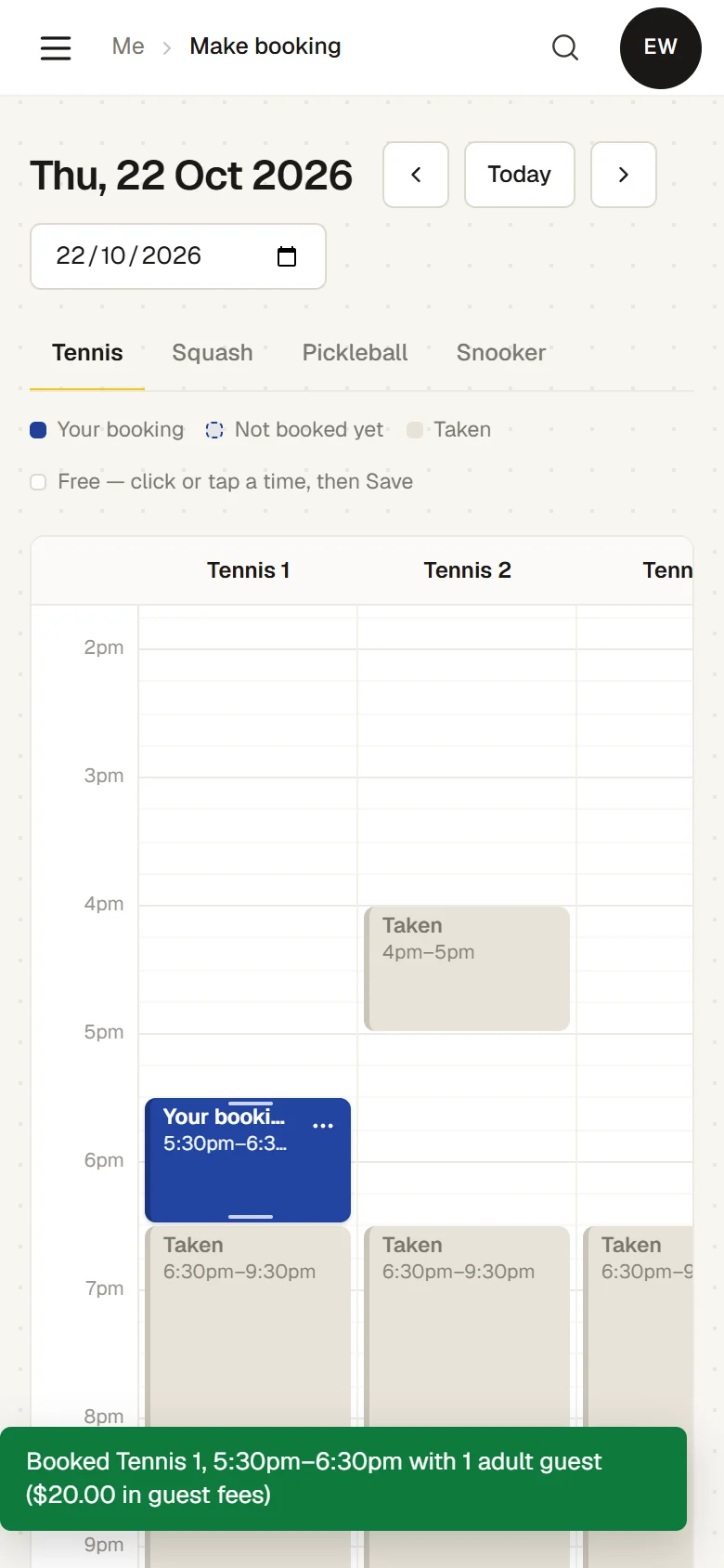 A member has just booked Tennis 1 from 5:30pm to 6:30pm on a phone, with 1 adult guest ($20.00 in guest fees), next to courts taken from 6:30pm