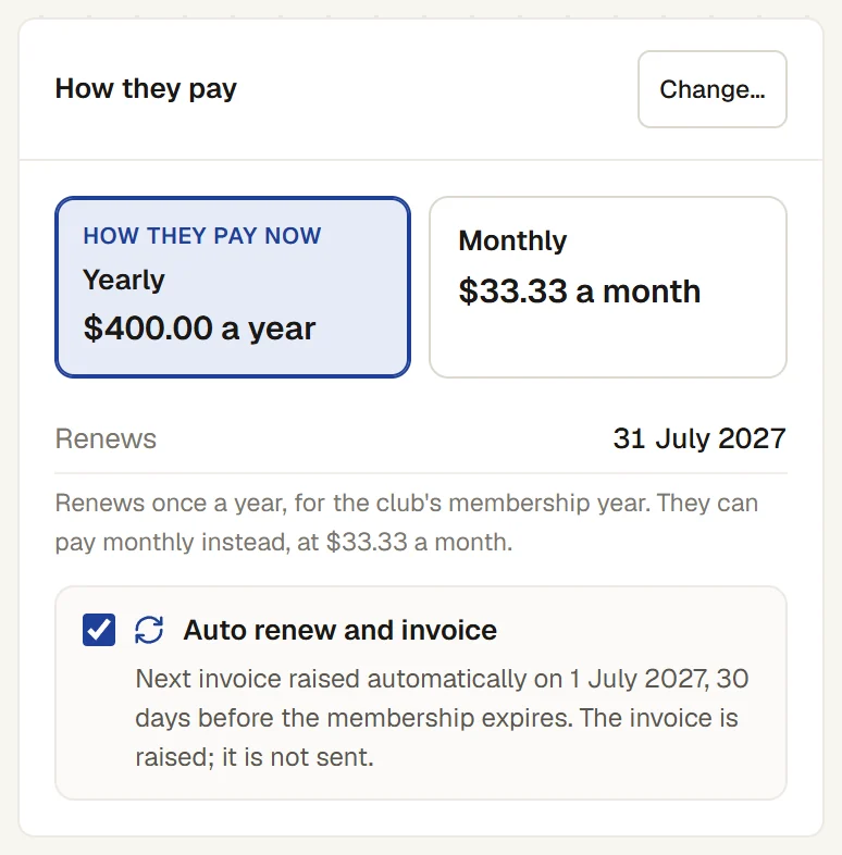 How a Mid-week member pays: yearly at $400.00 or monthly at $33.33, renewing 31 July 2027, and Auto renew and invoice on: the next invoice is raised automatically on 1 July 2027