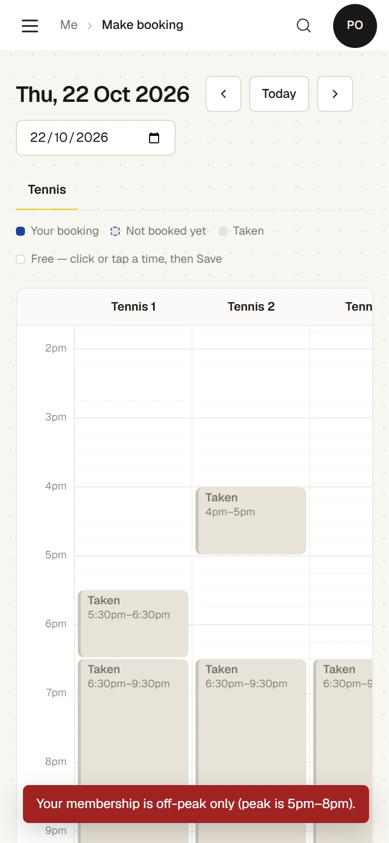 An off-peak member taps 5:30pm on a tennis court on Thursday and is told: Your membership is off-peak only (peak is 5pm–8pm)