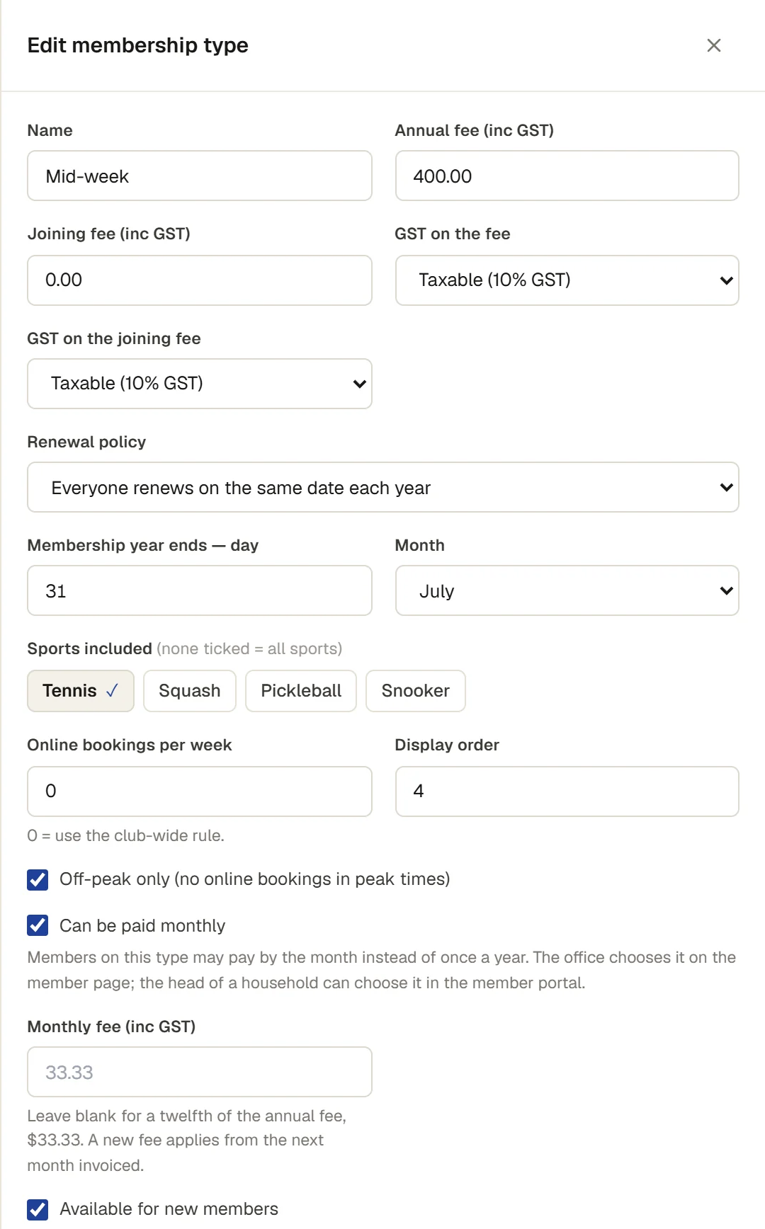 Editing the Mid-week membership type: $400.00 a year, renewing on 31 July, Tennis the only sport included, Off-peak only and Can be paid monthly ticked
