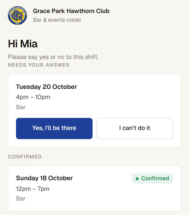 A staff member’s yes or no link, opened from the text message: Tuesday 20 October, 4pm to 10pm at the bar, with Yes, I’ll be there and I can’t do it, and a shift already confirmed