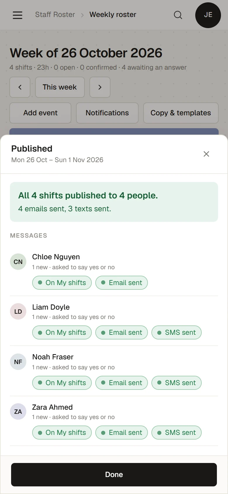 Published, on the bar manager’s phone: all 4 shifts published to 4 people, 4 emails sent and 3 texts sent, and each person’s messages: On My shifts, Email sent, SMS sent