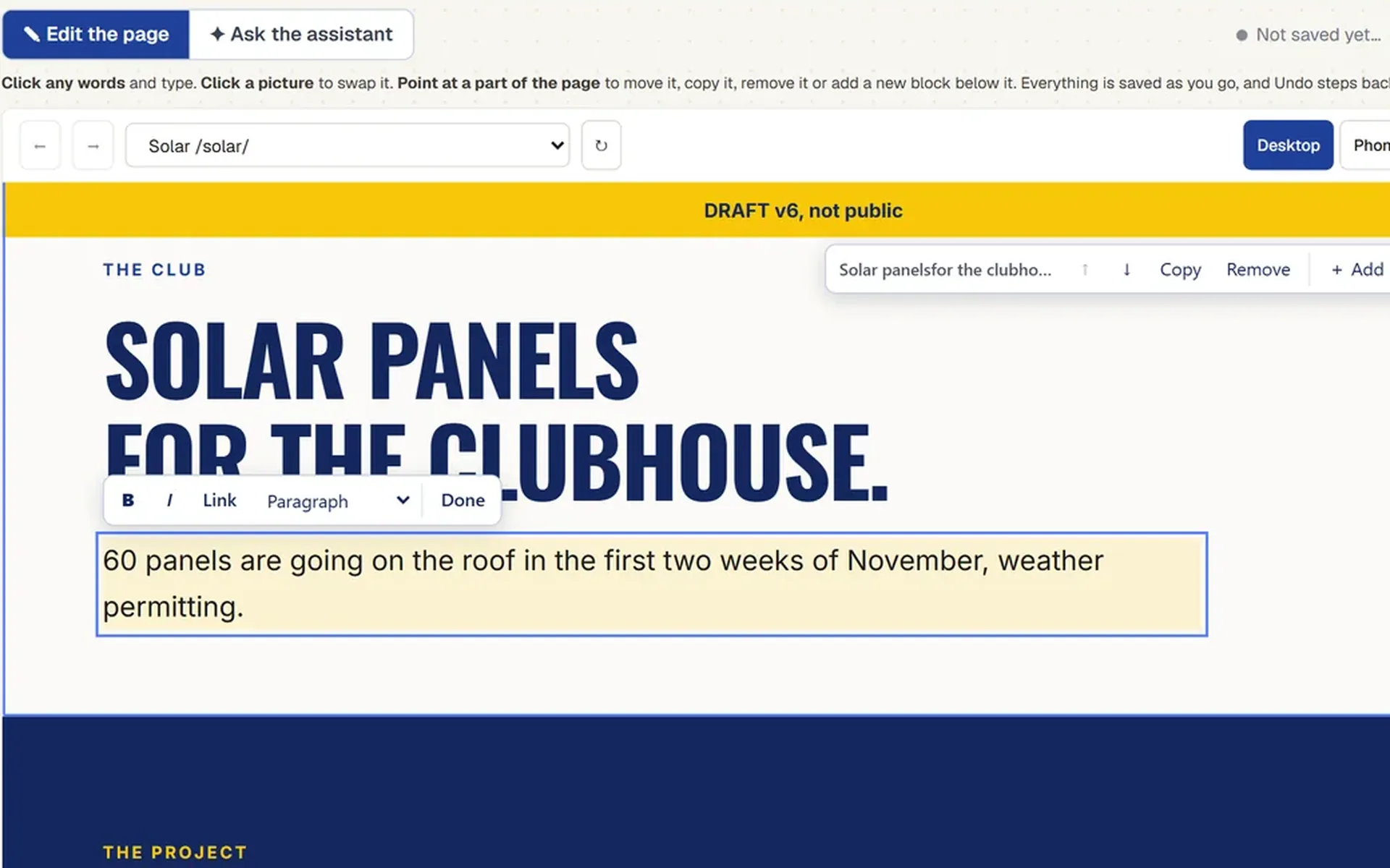 Editing a draft of the club’s website in place: a paragraph chosen, with Bold, Italic, Link and Done, under DRAFT v6, not public