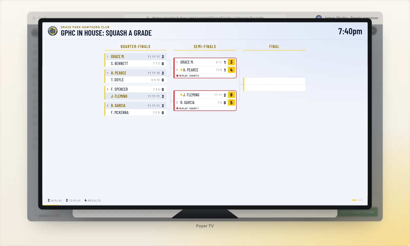 The Squash A Grade knockout draw on the foyer TV, with both semi-finals in play