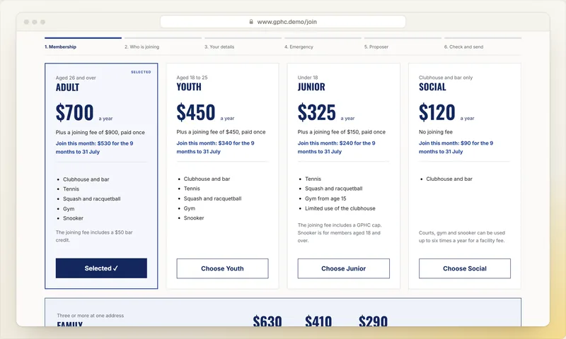 The club’s online membership application, choosing a membership category with its fees