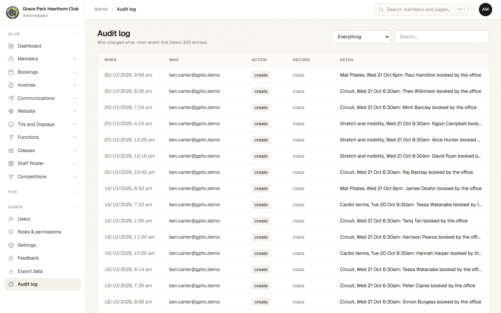 The Audit log page: "Who changed what, most recent first (latest 300 entries)", a list to choose the kind of record (Everything) and a Search box, then a table with the columns When, Who, Action, Record and Detail, one line for each change.