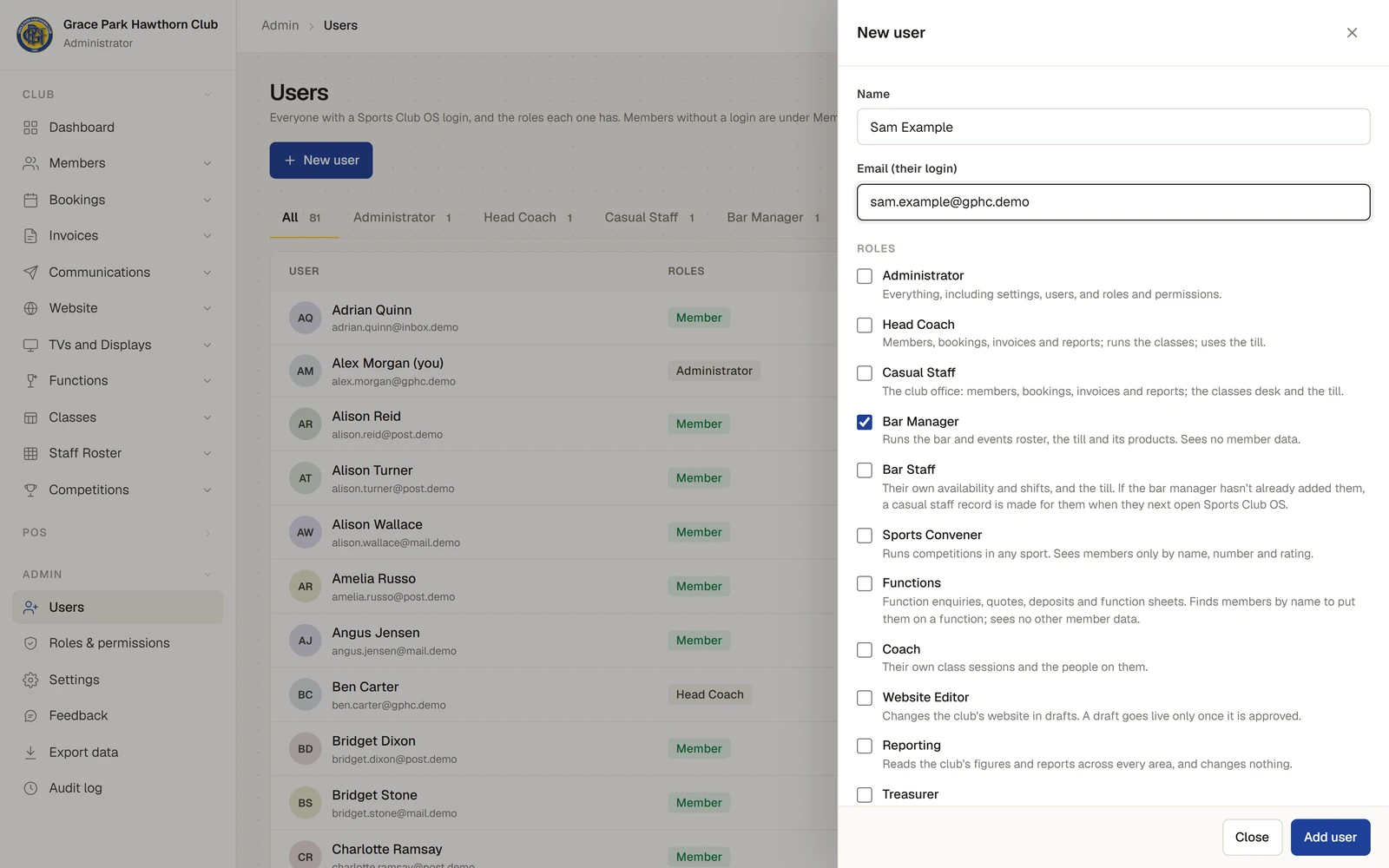 The New user panel over the Users list: Name Sam Example, Email (their login), then the roles, each with a line on what it covers (Administrator, Head Coach, Casual Staff, Bar Manager ticked, Bar Staff, Sports Convener, Functions, Coach, Website Editor, Reporting, Treasurer), Member with a box to link a member record, and Send an invitation email ticked. Close and Add user are at the foot.