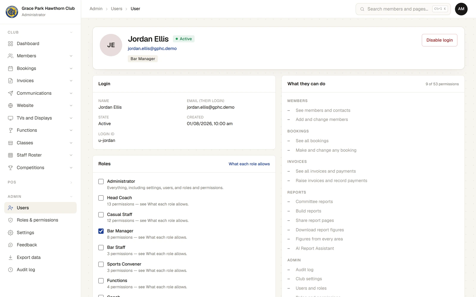 A user's page for Jordan Ellis: the header shows Active, the email and the Bar Manager role, with Disable login at the right. Below, Login lists the name, email, state, when it was made and the login id; Roles has a tick box for each role, with Bar Manager ticked; What they can do, on the right, lists every permission with a tick or a dash and the role it comes from.