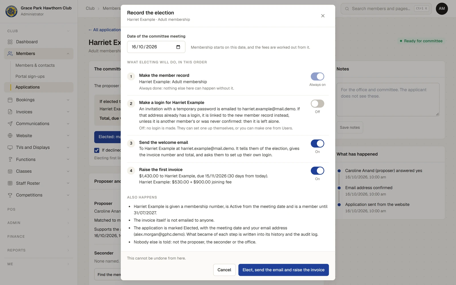 The pop-up "Record the election" for Harriet Example, Adult membership, over her application: the date of the committee meeting, then "What electing will do, in this order": 1 Make the member record (Always on), 2 Make a login for Harriet Example (Off), 3 Send the welcome email (On), 4 Raise the first invoice, with her first-year fee and joining fee (On); "Also happens" below; and the button "Elect, send the email and raise the invoice".