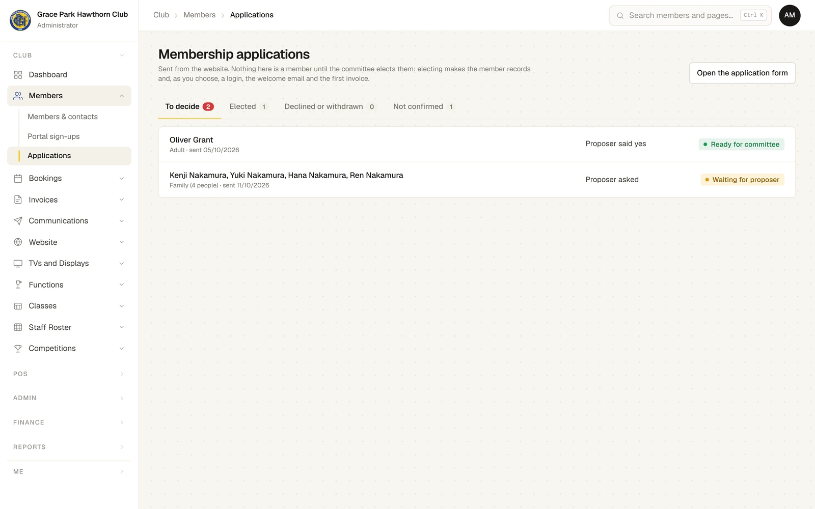 The Membership applications page: the note "Sent from the website. Nothing here is a member until the committee elects them", Open the application form, the tabs To decide, Elected, Declined or withdrawn and Not confirmed, and two applications, each with its membership, the day it was sent, what the proposer has done and its stage: Ready for committee, and Waiting for proposer.