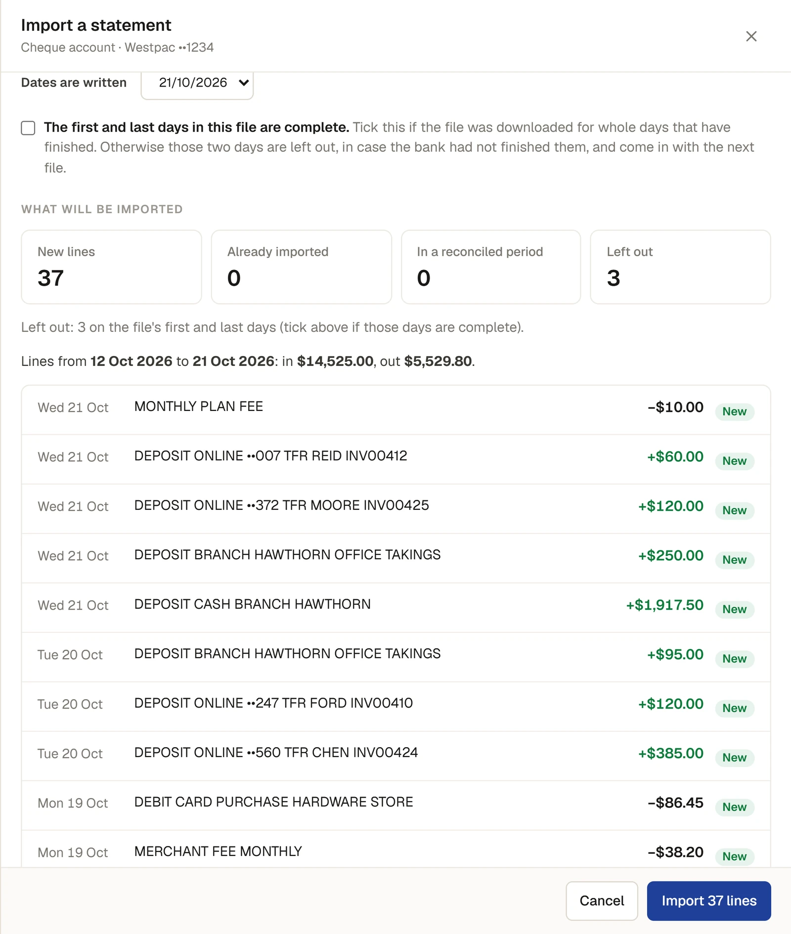 The Import a statement panel with a statement file chosen, scrolled down: how dates are written (21/10/2026 chosen), the tick "The first and last days in this file are complete.", and What will be imported: 37 new lines, none already imported or in a reconciled period, 3 left out on the file’s first and last days, the dates and totals in and out, and the first of the lines, each marked New. The button at the bottom says Import 37 lines.