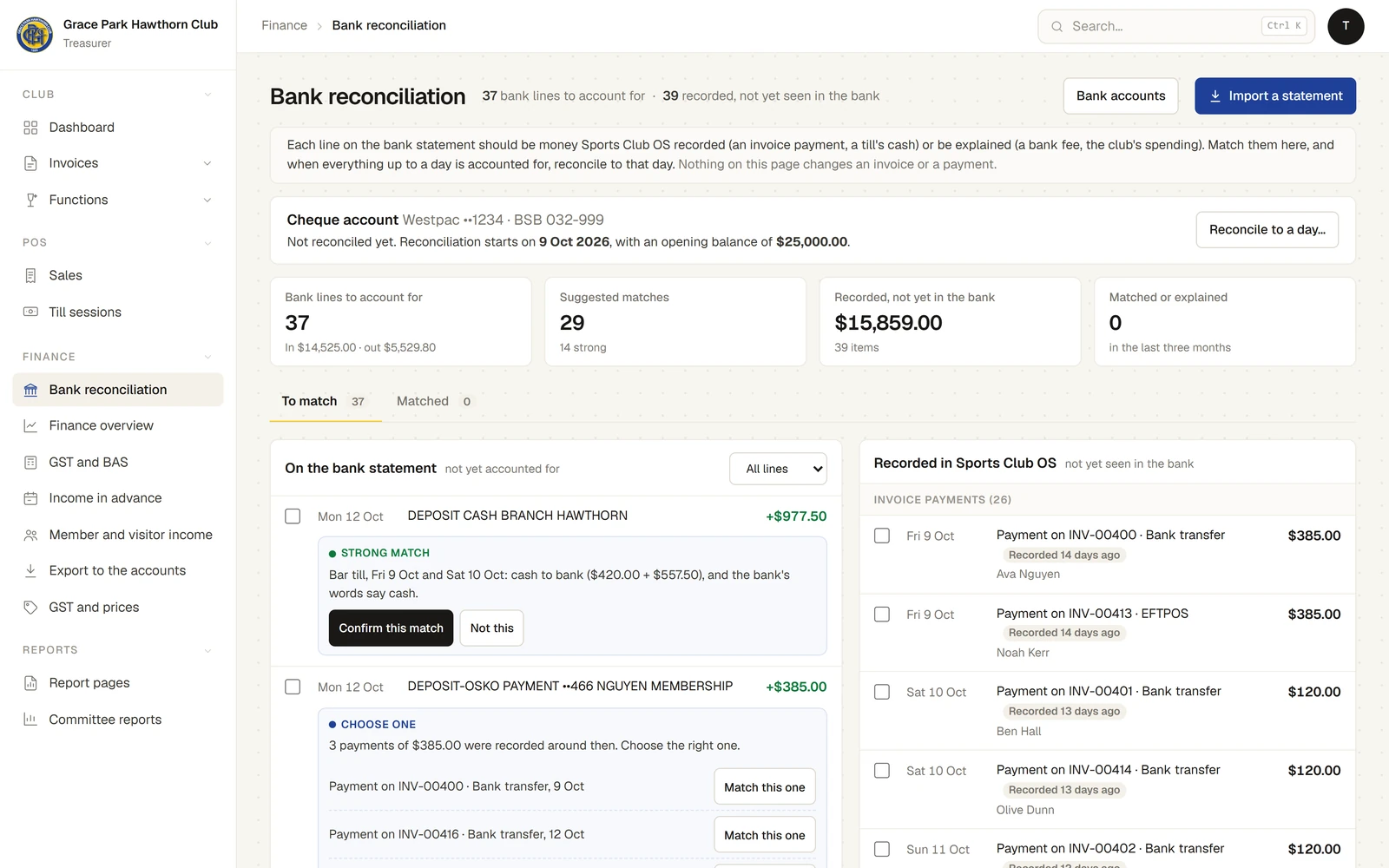 The Bank reconciliation page: the account, not reconciled yet; four figures (Bank lines to account for, Suggested matches, Recorded, not yet in the bank, Matched or explained); the To match tab. On the left, bank lines: a cash deposit with Strong match, "Bar till, Fri 9 Oct and Sat 10 Oct: cash to bank ($420.00 + $557.50), and the bank’s words say cash.", Confirm this match and Not this; and a transfer with Choose one, three payments of the same amount to choose from. On the right, the money recorded in Sports Club OS not yet seen in the bank, each with a tick box.