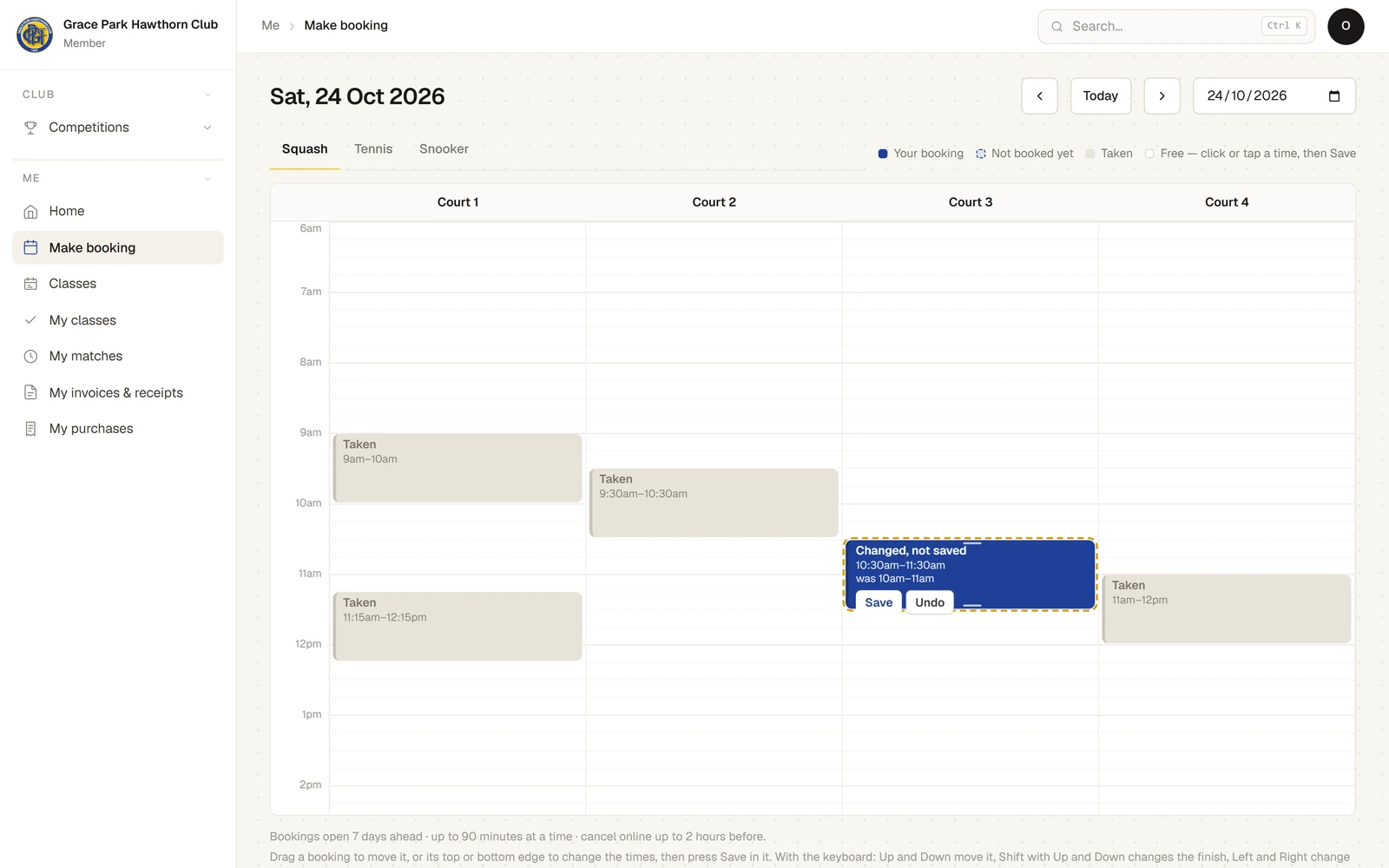 Make booking with the member’s booking on Court 3 moved to 10:30am, marked Changed, not saved, showing what it was and the Save and Undo buttons.