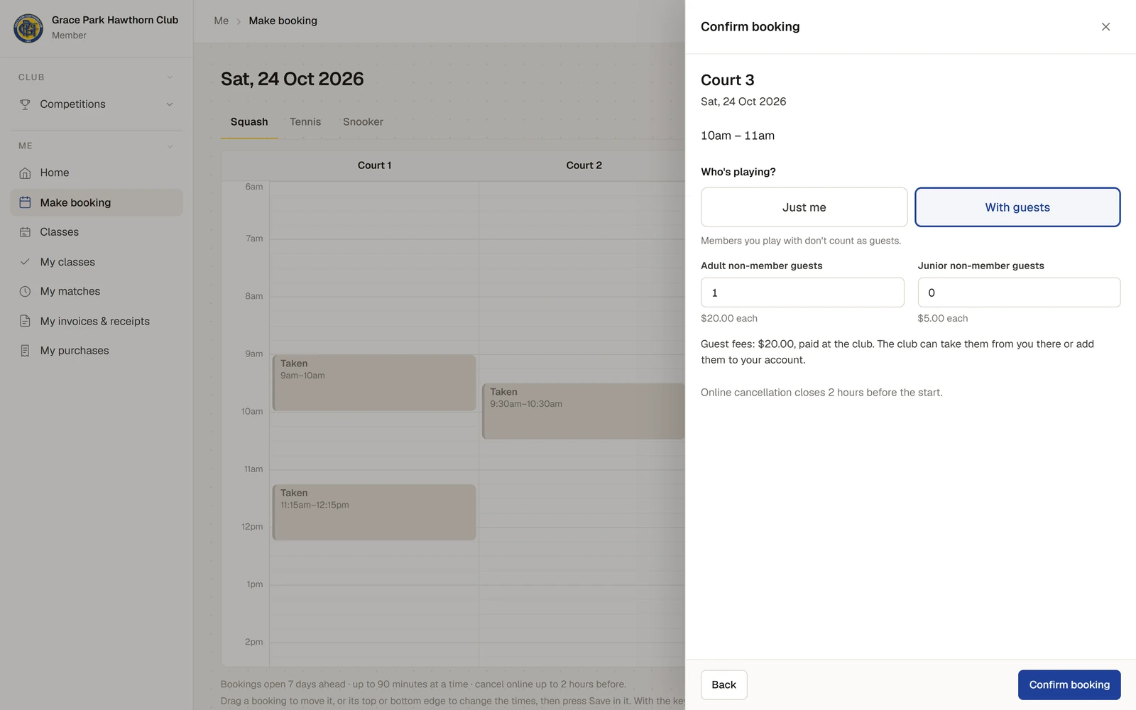 The Confirm booking panel beside the booking grid: Court 3, Saturday, 10am to 11am, Who’s playing with With guests chosen, one adult non-member guest and the guest fee, and the Confirm booking button.