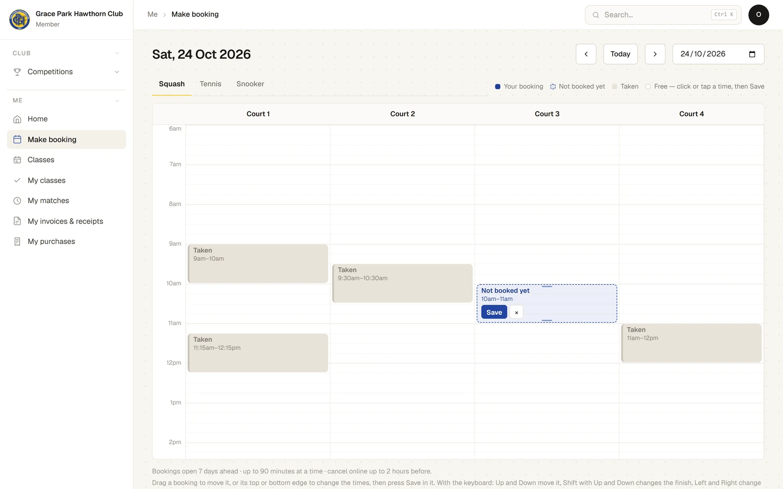 Make booking for squash on a Saturday, with four courts as columns and a dashed box on Court 3 at 10am that says Not booked yet, with Save and a cross in it.
