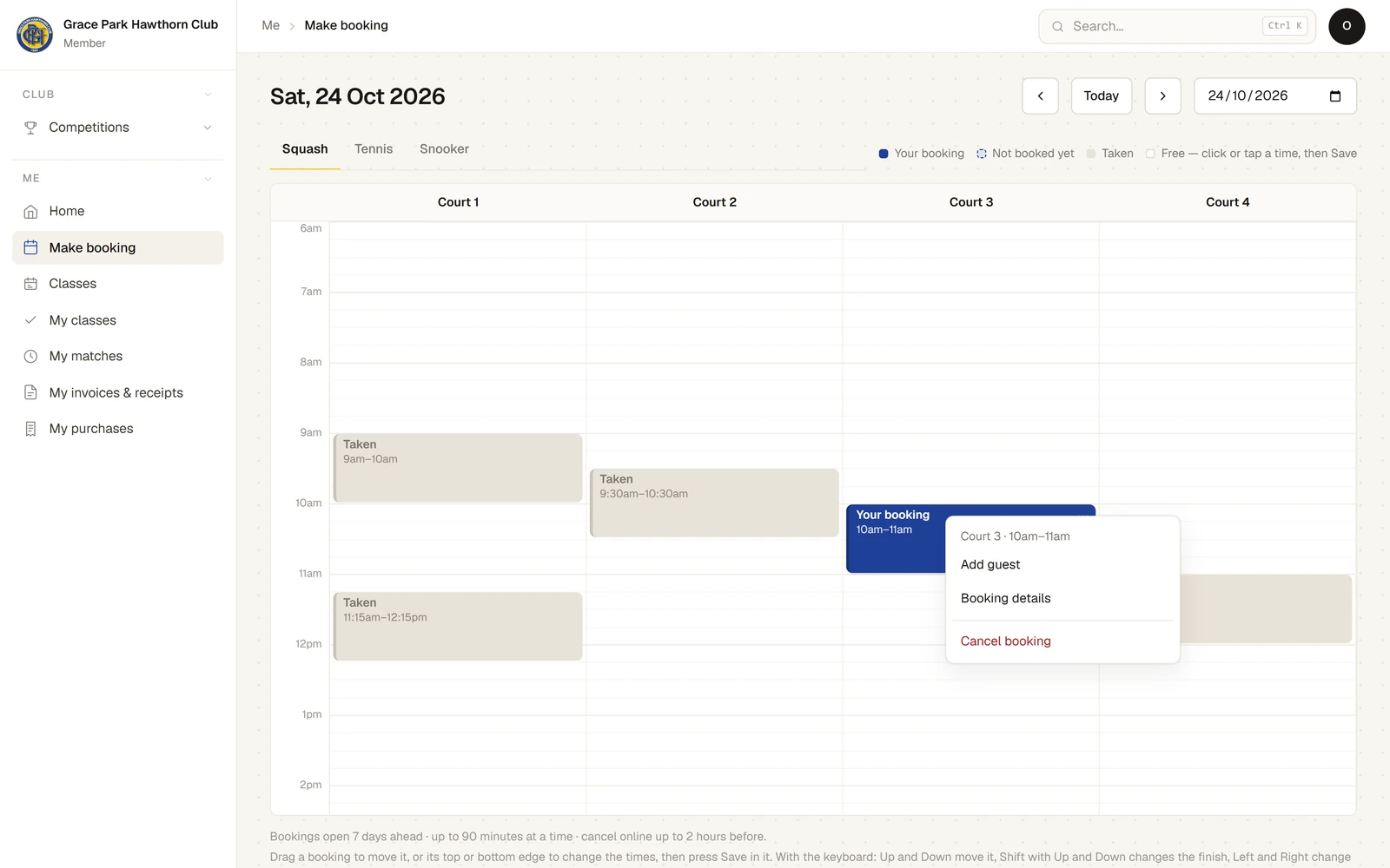 Make booking with the member’s own booking on Court 3 marked Your booking, and its menu open beside it: Add guest, Booking details and, in red, Cancel booking.