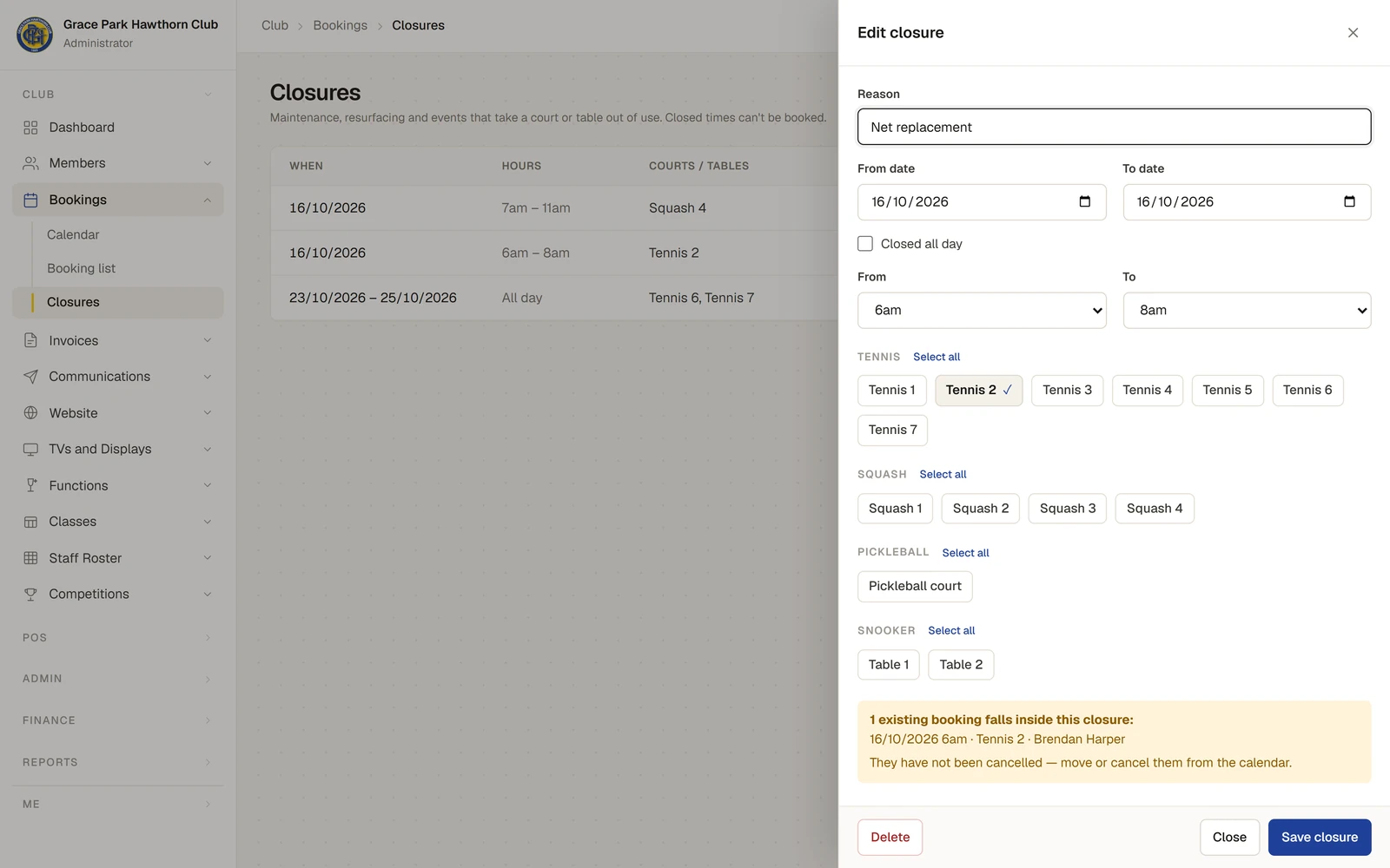 The Closures page, listing the new closure, with the panel open after Save closure and now headed Edit closure. The panel shows the reason "Net replacement", the dates, Closed all day unticked, From 6am and To 8am, the courts with Tennis 2 ticked, and a box saying "1 existing booking falls inside this closure:" with the booking on Tennis 2 at 6am, and "They have not been cancelled — move or cancel them from the calendar."