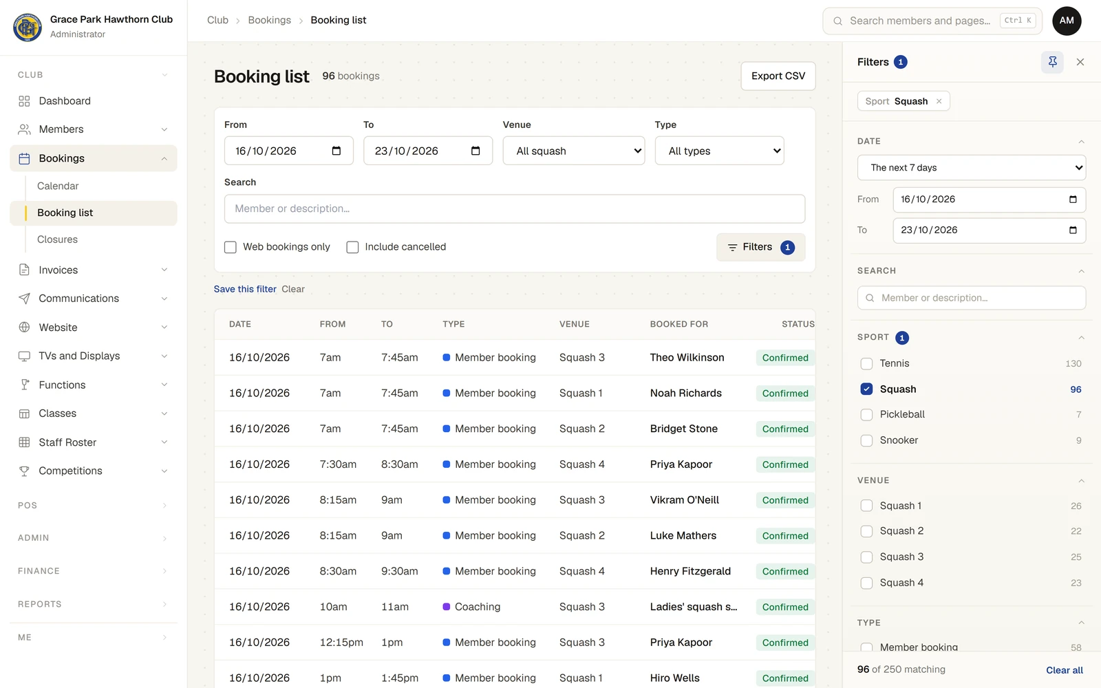 The Booking list with the Filters panel open on the right. Above the table, Venue says All squash and the Filters button shows 1. The panel has the chip "Sport Squash", the Date section set to The next 7 days with From and To, Search, and the Sport section with Squash ticked and 96 beside it, then Venue with each squash court and its count. The table lists squash bookings with their date, times, type, venue, who they are for and Confirmed. The panel's foot says how many of the loaded bookings match, beside Clear all.