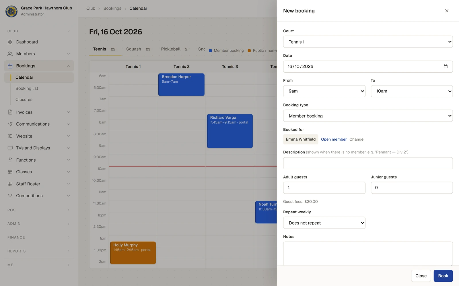 The Calendar for tennis with the New booking panel open on the right. The panel shows Court Tennis 1, the date, From 9am, To 10am, Booking type Member booking, Booked for Emma Whitfield with Open member and Change, Adult guests 1, Junior guests 0, "Guest fees: $20.00", Repeat weekly "Does not repeat", Notes, and the Close and Book buttons.