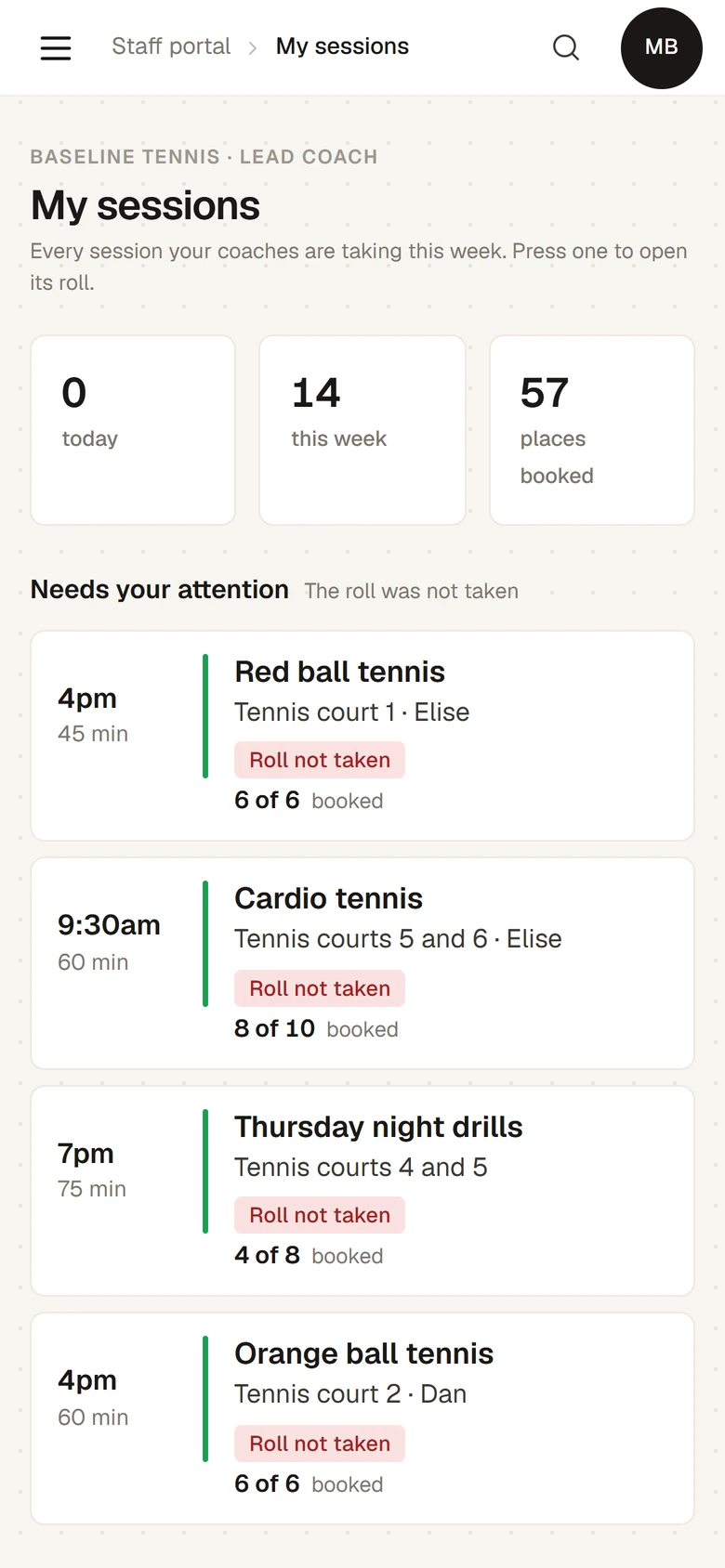 My sessions on a phone for a lead coach of Baseline Tennis: counts of sessions today and this week and places booked, then Needs your attention, listing sessions marked Roll not taken with how many were booked.