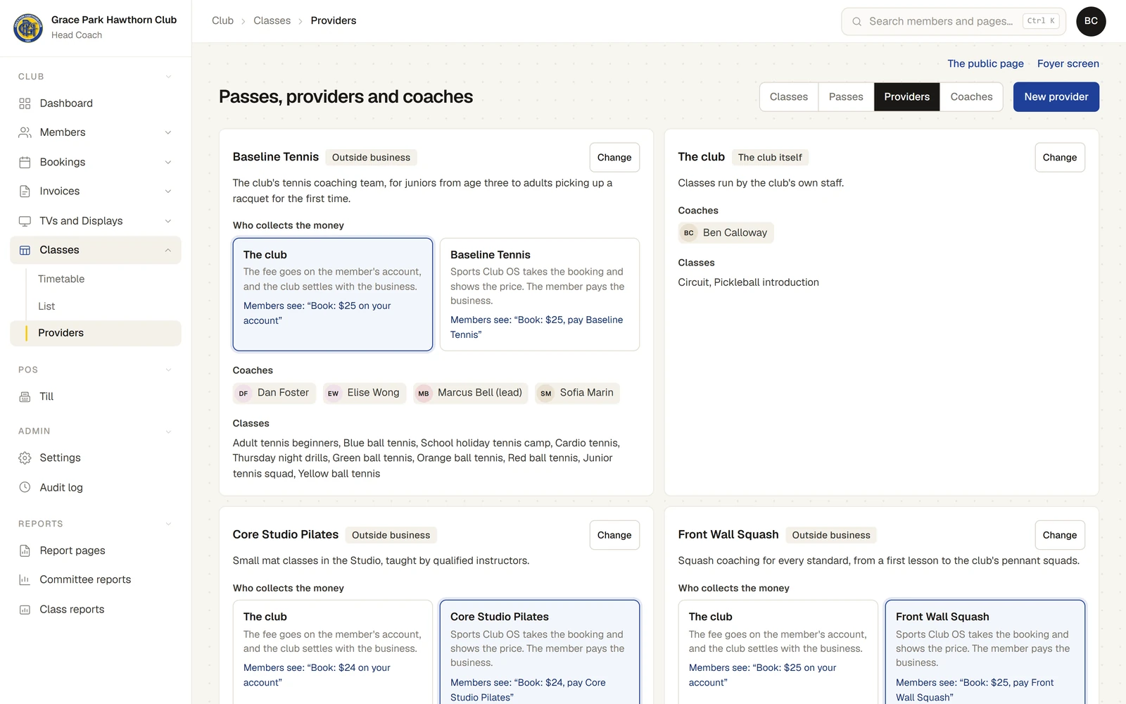 The Providers tab of Passes, providers and coaches. The card for Baseline Tennis, an outside business, has Who collects the money with two choices: The club ("The fee goes on the member's account, and the club settles with the business. Members see: Book: $25 on your account") and Baseline Tennis ("Sports Club OS takes the booking and shows the price. The member pays the business. Members see: Book: $25, pay Baseline Tennis"), then its coaches and classes. The club itself and Core Studio Pilates are beside and below it.