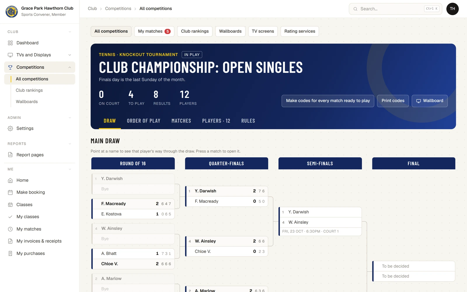 The Club Championship: Open Singles, a tennis knockout tournament in play, with 0 on court, 4 to play, 8 results and 12 players, and the tabs Draw, Order of play, Matches, Players and Rules. The main draw runs from the round of 16, where the four seeds have byes, through the quarter-finals with each set's score, to the semi-finals, each with its day, time and court, and the final still to be decided.