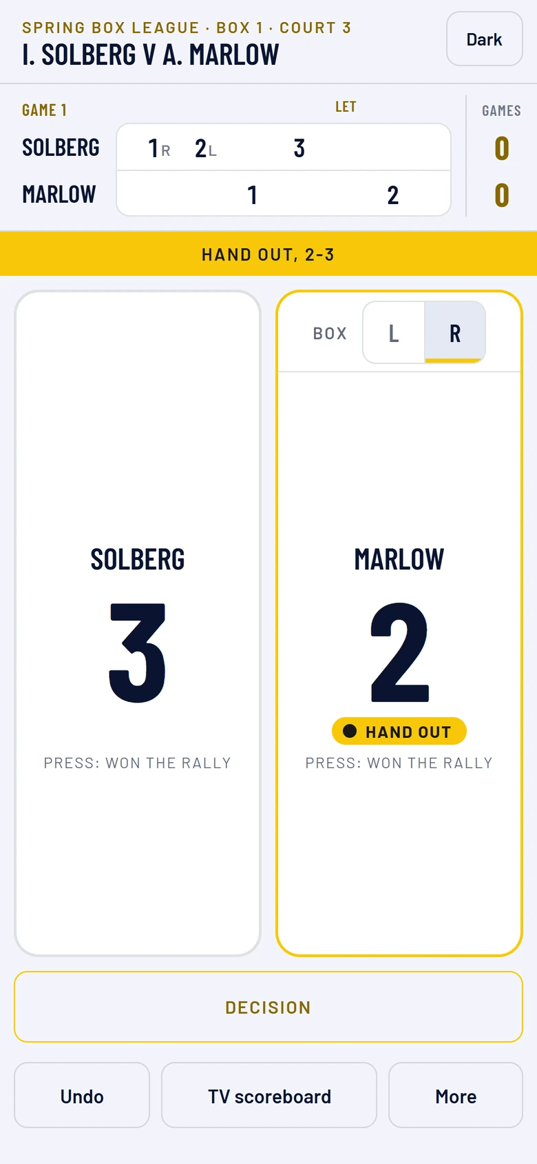 The scorer on a phone for I. Solberg v A. Marlow, Spring Box League, box 1, court 3. Games are 0-0. Above the pads, a row for each player shows the game rally by rally, with the let marked, and a gold bar says "Hand out, 2-3". Two large pads show Solberg 3 and Marlow 2. Marlow's pad has an L | R box toggle at the top with R chosen and a Hand out marker. Below are a Decision button, then Undo, TV scoreboard and More.