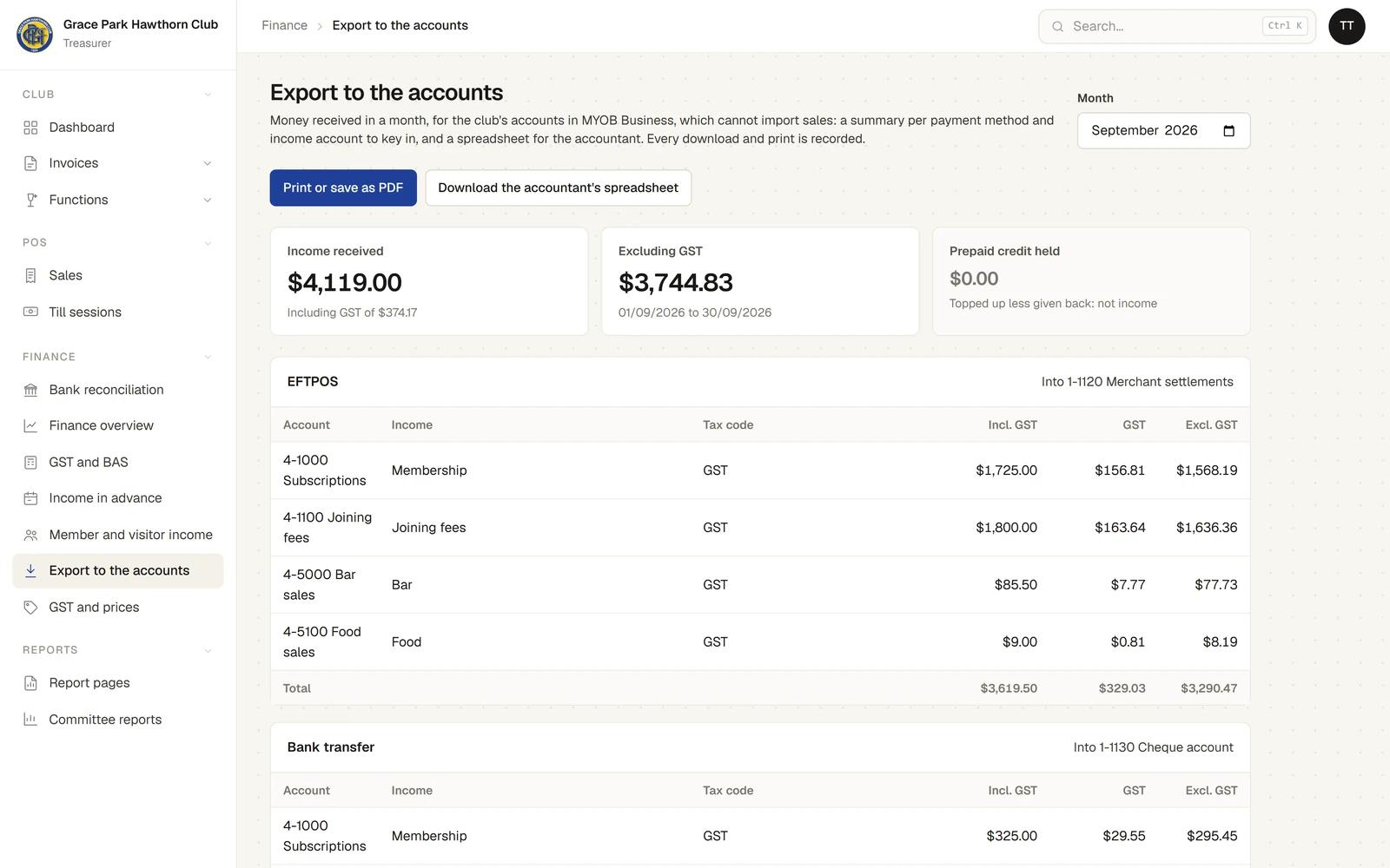 The Export to the accounts page for September 2026: the buttons Print or save as PDF and Download the accountant’s spreadsheet; three figures, Income received including GST, Excluding GST and Prepaid credit held; then a card for EFTPOS, "Into 1-1120 Merchant settlements", with a row for each income account and tax code (4-1000 Subscriptions, 4-1100 Joining fees, 4-5000 Bar sales, 4-5100 Food sales) giving the amount including GST, the GST and the amount excluding GST.