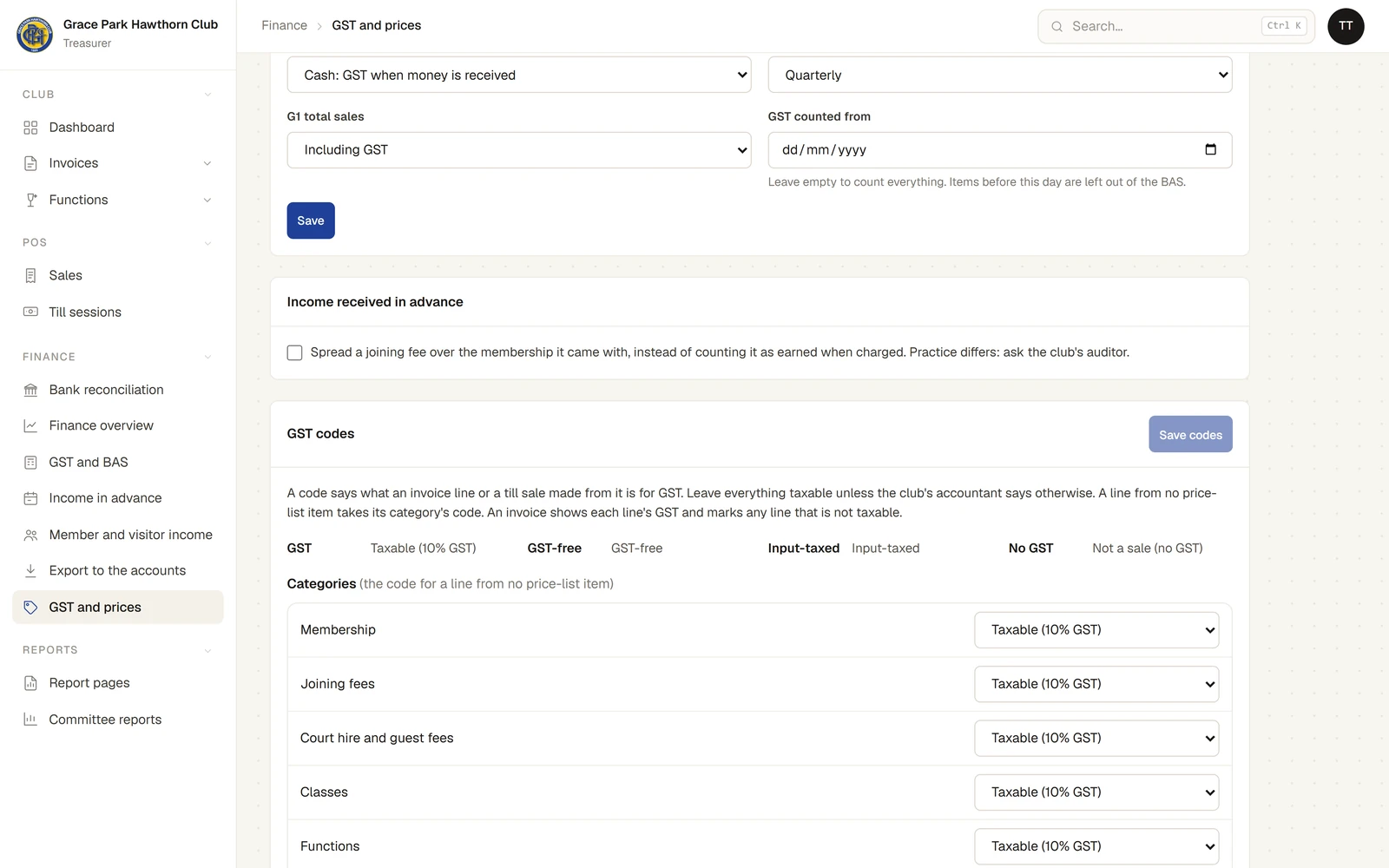 Part of GST and prices: the end of the BAS settings with Save; Income received in advance with its tick box for spreading a joining fee; and the GST codes card with Save codes, a key to the four codes (GST, taxable at 10%; GST-free; Input-taxed; No GST, not a sale), and Categories, each with a GST code chosen from a list, all Taxable (10% GST).