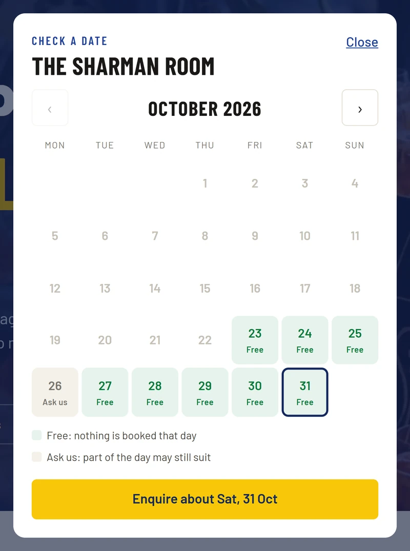 The Check a date window for The Sharman Room, October 2026, with arrows for the month before and after. Days that have passed are plain; every other day says Free or Ask us. The 31st is chosen. A key says “Free: nothing is booked that day” and “Ask us: part of the day may still suit”. The button at the foot says Enquire about Sat, 31 Oct.