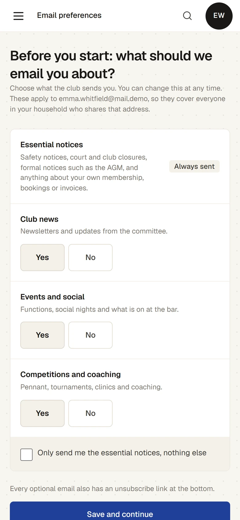 On a phone, the page headed Before you start: what should we email you about?, with Essential notices marked Always sent and Club news, Events and social, and Competitions and coaching, each with Yes and No.